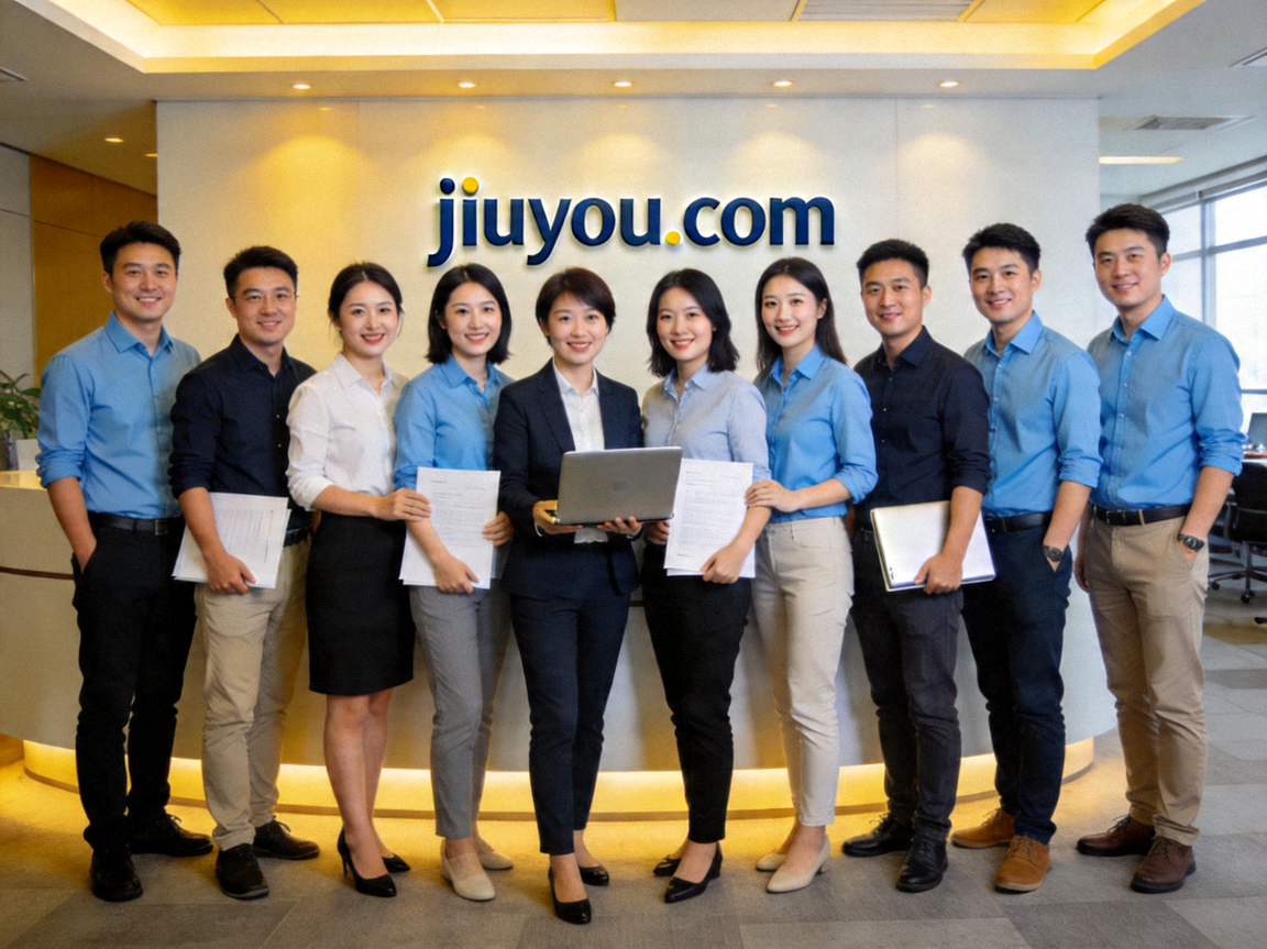 jiuyou.com官方网站团队合影，展示专业、热情的服务形象