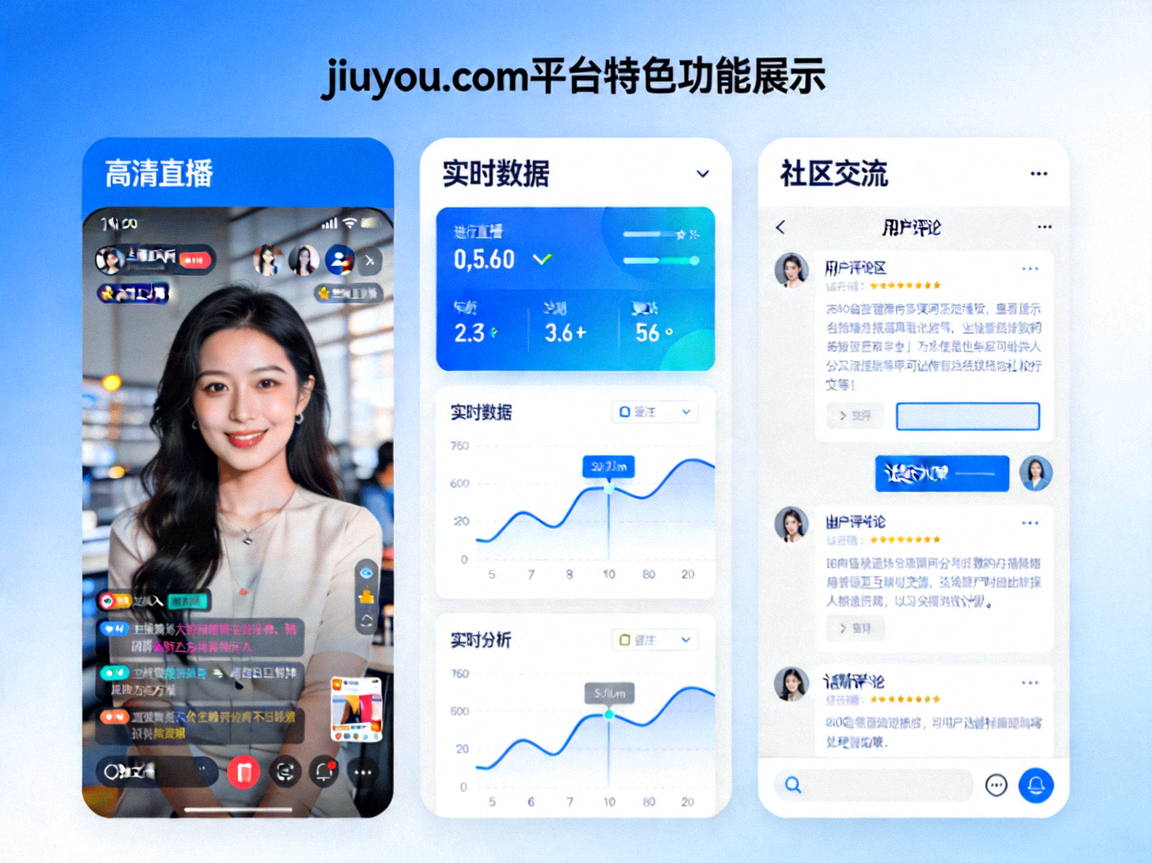 jiuyou.com平台特色功能展示，包括高清直播、实时数据与社区交流